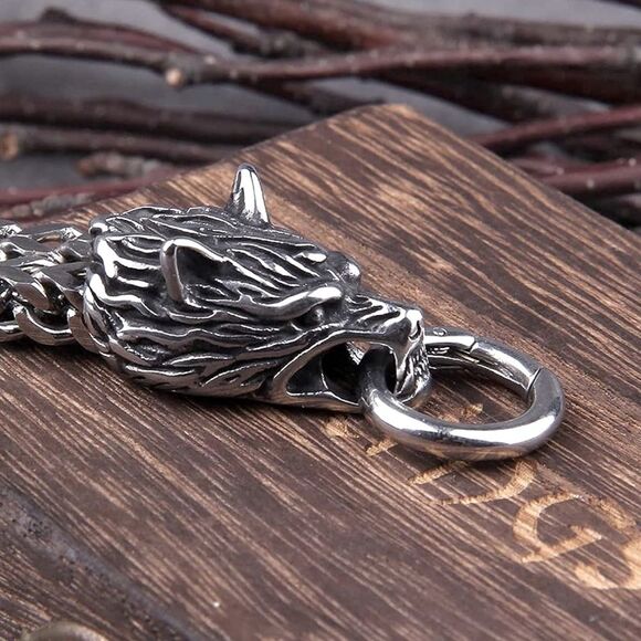 HALLOWEEN SALE Silver Twin Nordic Wolf Chain Bracelet - Picture 2 of 6